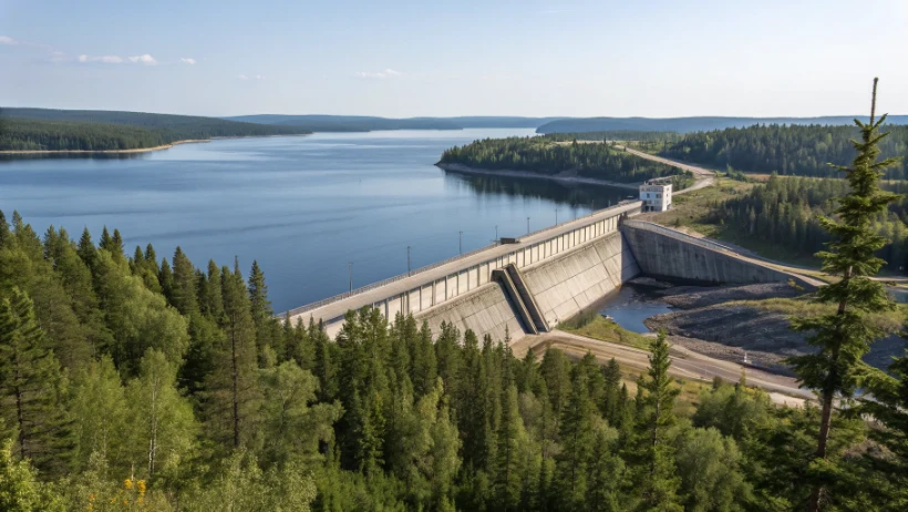 Grand barrage hydroélectrique en béton retenant un vaste réservoir entouré de forêt boréale sous un ciel dégagé
