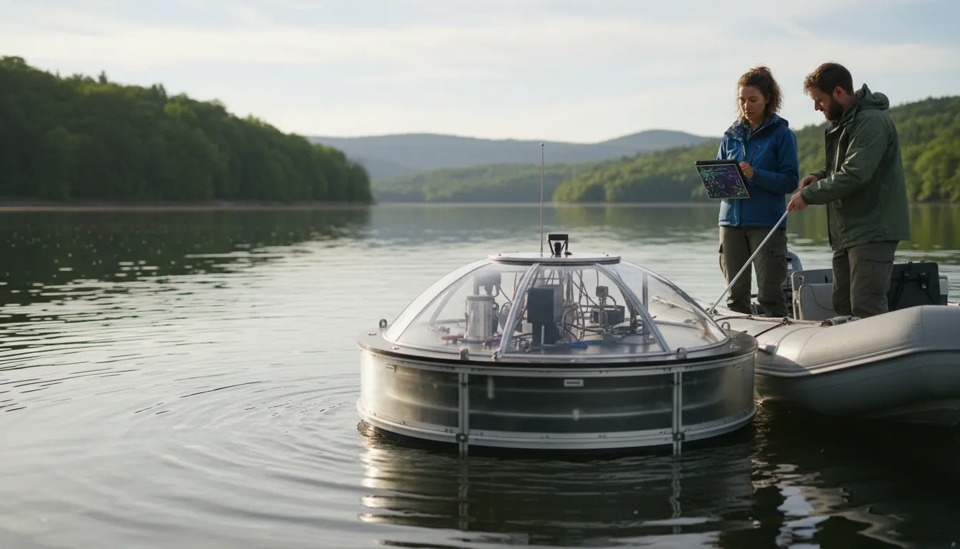 Chambre flottante automatisée mesurant les émissions de gaz à la surface d'un réservoir