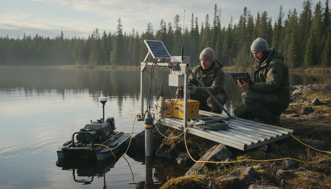 Station de mesure automatisée installée au bord d'un réservoir boréal