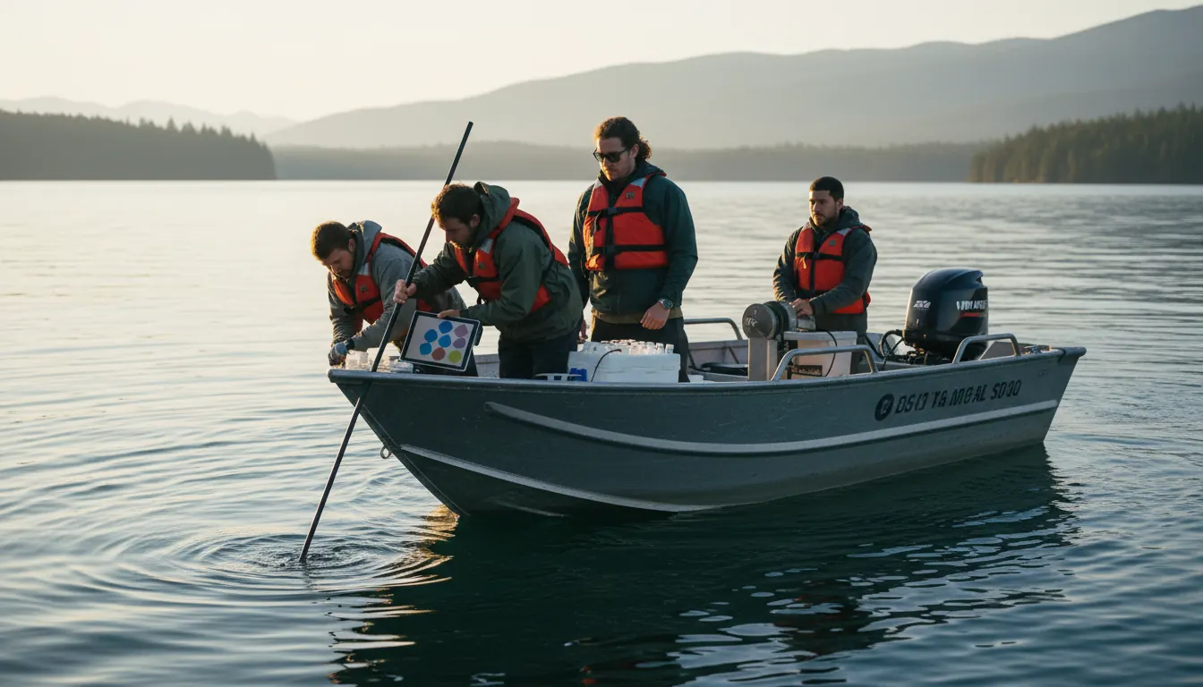 Équipe de chercheurs prélevant des échantillons d'eau depuis un bateau