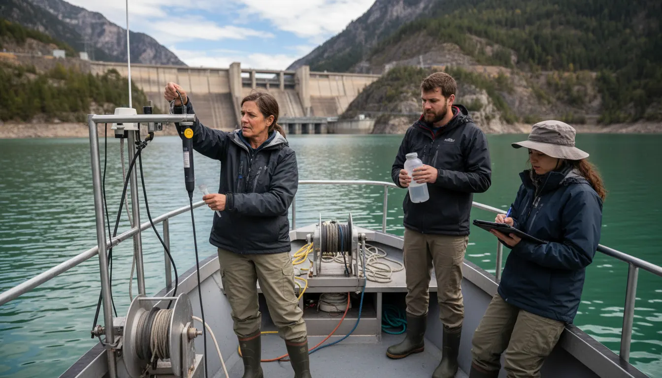 Scientifiques prélevant des échantillons d'eau dans un réservoir hydroélectrique